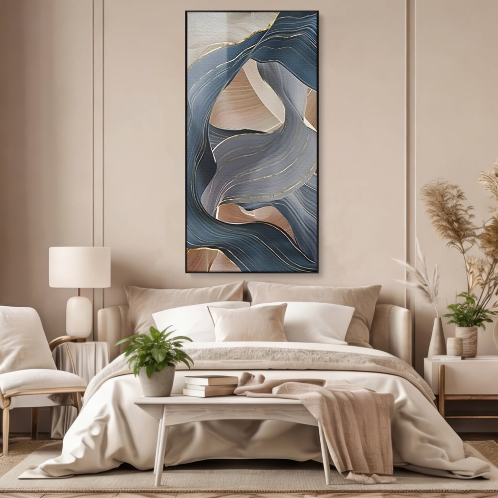 Tablou canvas cu pictura abstracta cu valuri ondulate, in rama de aluminiu negru, pe perete intr-un dormitor